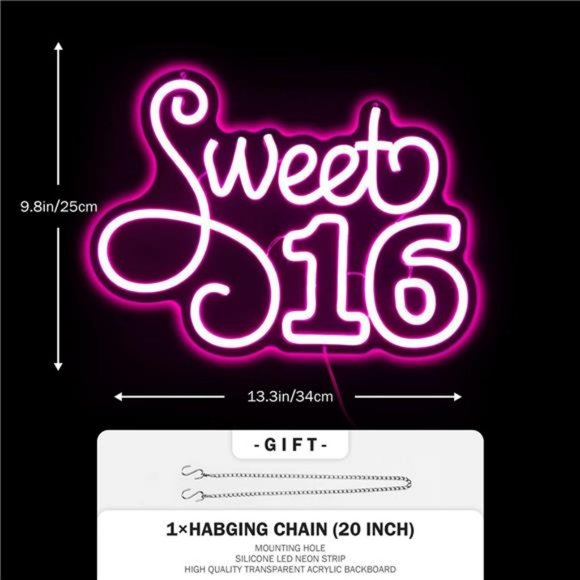 Sweet 16 Neon Sign Dimmable LED Neon Signs for Girls 16th Birthday Bright VIVID - Picture 5 of 7